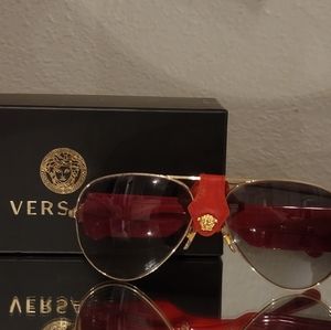 Versace ModelRemovable Genuine Leather Baroque Gold Red Metal Aviator Sunglasses